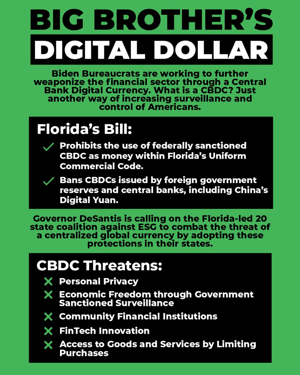 Ron DeSantis on Twitter: "The movement to establish a central bank digital  currency is an attempt to surveil &amp; control the finances of Americans.  It would violate privacy, limit consumer choice &amp;