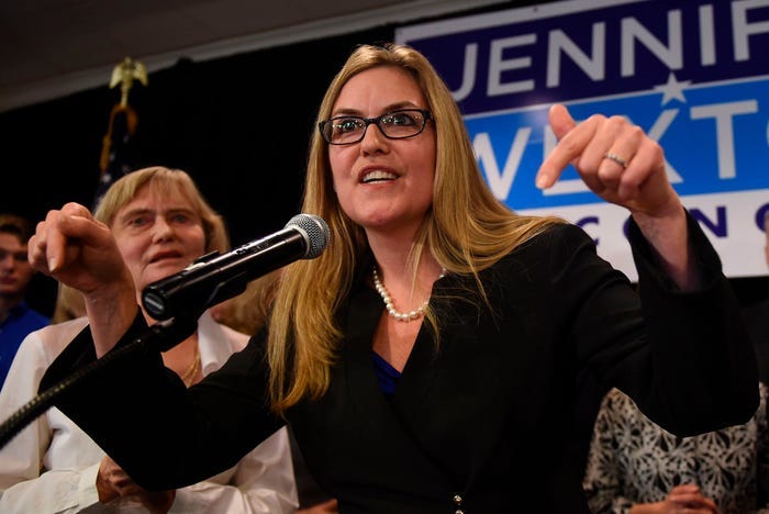 Democratic Rep. Jennifer Wexton speaks to supporters at her election watch party in Dulles, Virginia on November 6, 2018 after winning Virginia’s 10 congressional district.