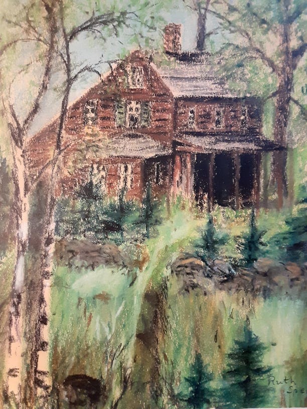 Pastel drawing of red pine farmhouse