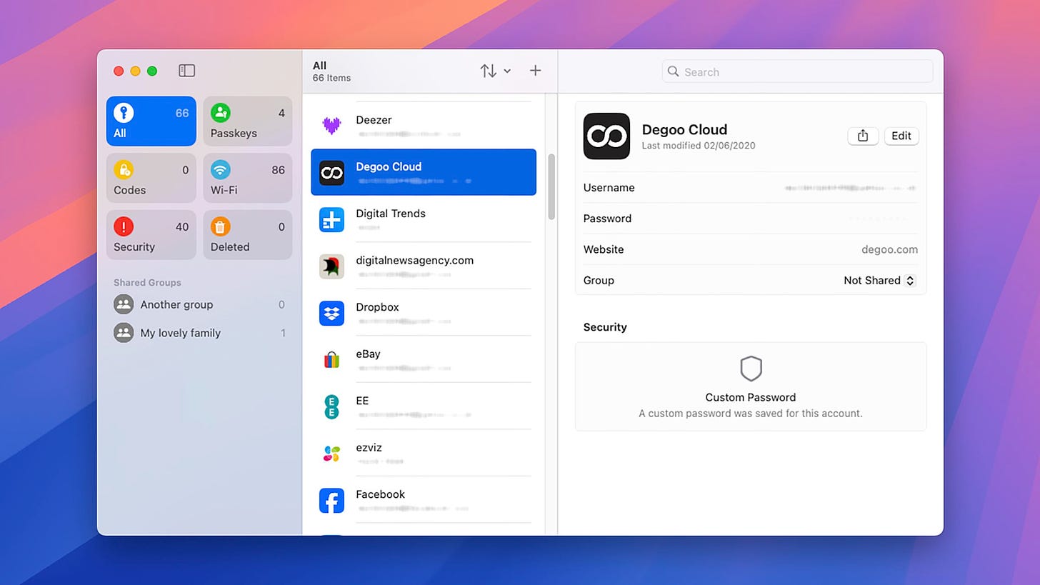 Mac Passwords app with buttons on left, app list in center and passwords for Degoo Cloud on right.