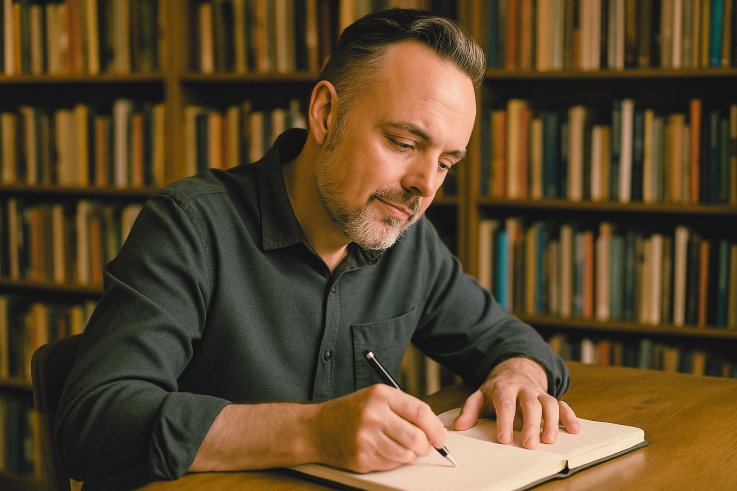 Mo Fanning at his desk writing in a notepad
