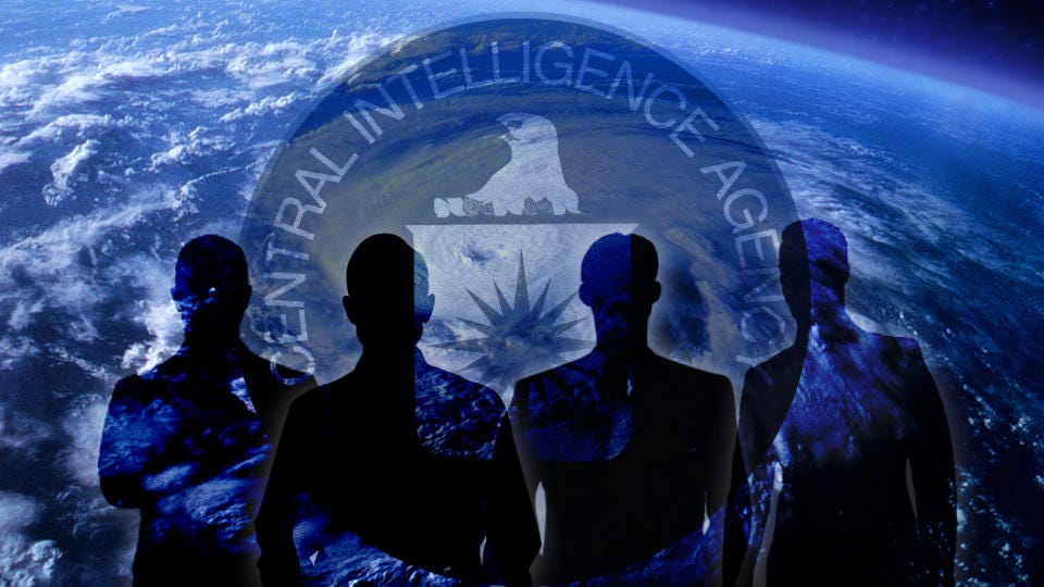 Four silhouettes appear before the CIA logo and an image of the Earth