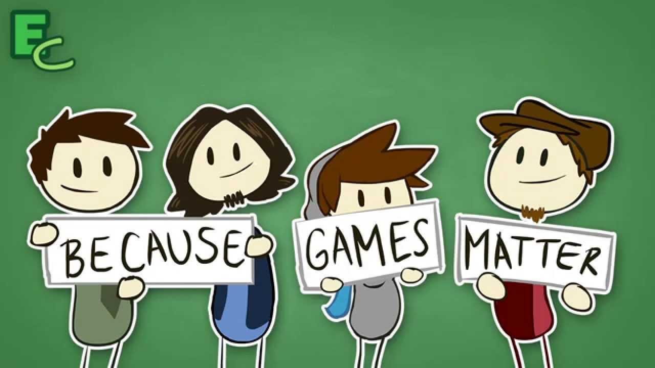 Four simple characters on a green background carry signs that read "Because games matter." The Extra Credits logo is visible in the top left.