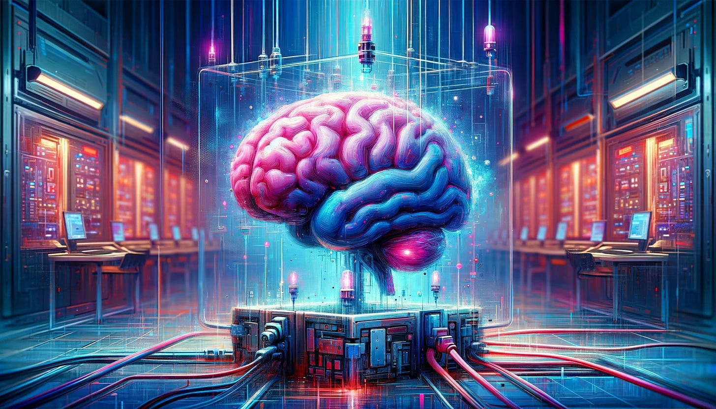 A digital painting blending modern and impressionistic styles. The main focus is a brain, occupying about 70% of the image, suspended in mid-air in a futuristic labroratory