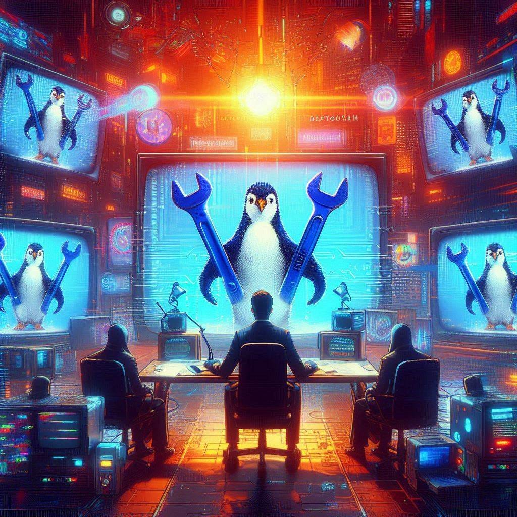 Here is an image prompt drawing on the information from the sources to sum up the show:An evocative digital art image capturing the essence of an online "deprogram" broadcast. The central focus is a person seated at a desk, seemingly hosting a show, illuminated by the glow of a computer screen. **The screen is visibly distorted, blurry, or glitching, hinting at interference or manufactured reality.** ADD CYBORG PENGUINS WITH BLUE WRENCHES