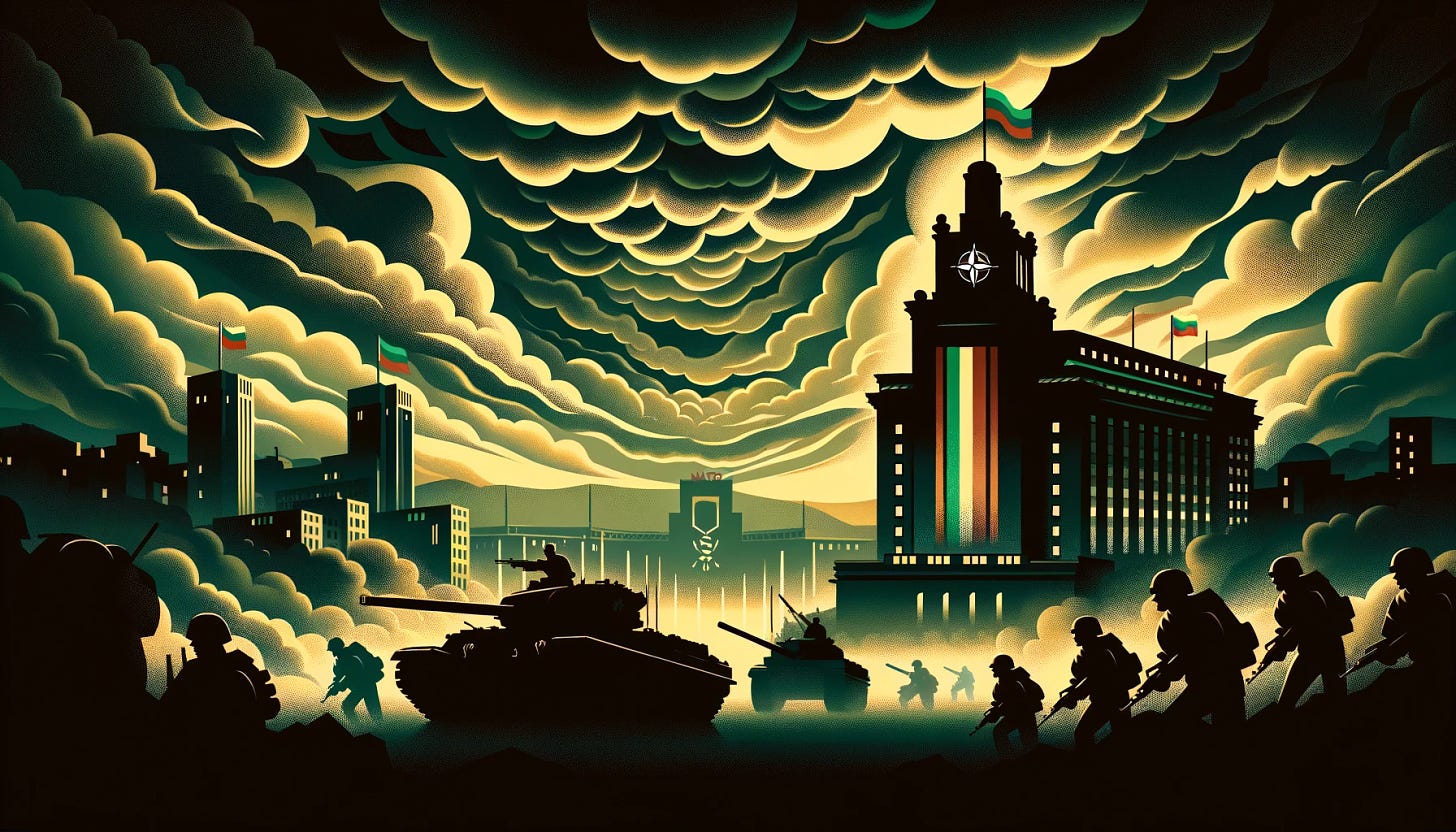 Art Deco style of a murky and foreboding scene with an ominous cloudy sky over Sofia, featuring prominently displayed Bulgarian and NATO flags. The atmosphere conveys a sense of looming danger and urgency. Silhouettes of soldiers or tanks are subtly present in the background, hinting at military presence or conflict. The overall style is Art Deco, with a shadowy and perilous ambiance. The image is horizontally positioned with a 2 to 1 aspect ratio.