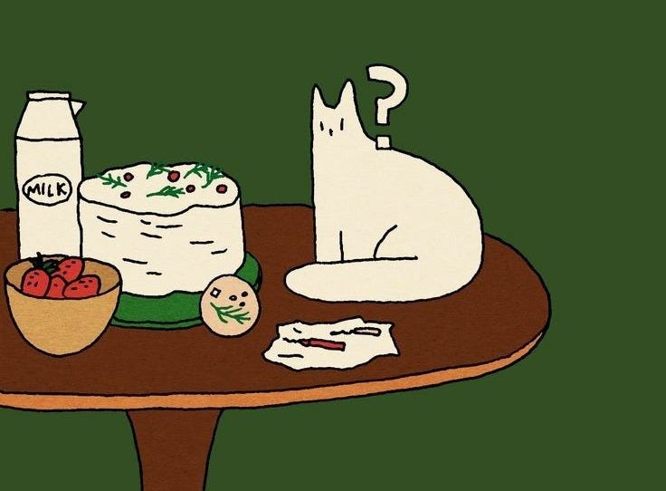 This may contain: a cartoon cat sitting on top of a table next to a bowl of fruit and milk