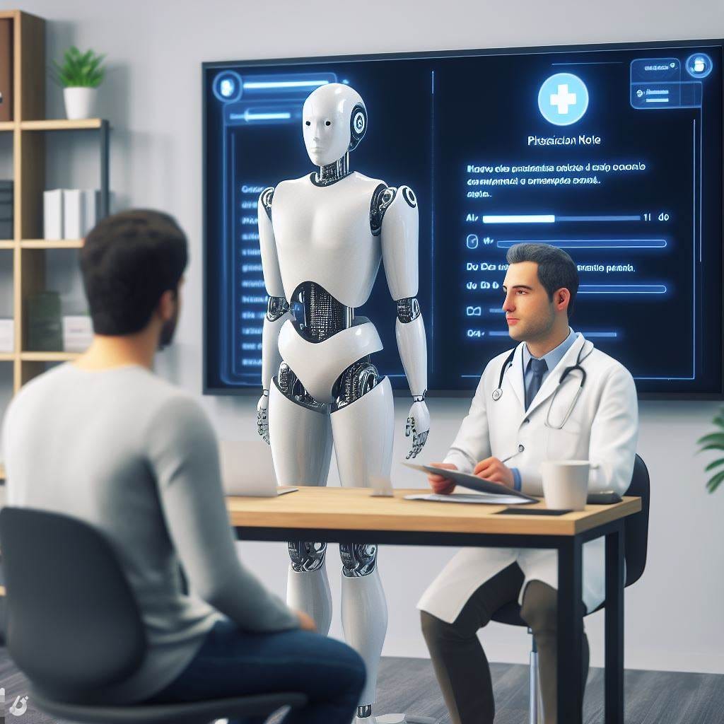 Create a realistic image of an AI being standing in the background of an exam room with a doctor sitting across from a patient speaking Spanish while on the computer screen behind them a physician note is being generated on the screen.