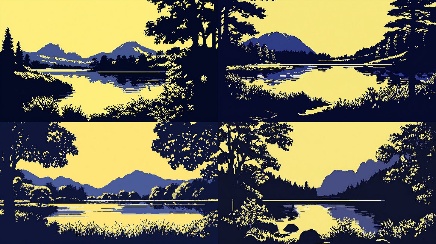 SW 100 (default). /imagine prompt: an illustration of a landscape with a lake, blue and yellow — sref https://s.mj.run/yFfpStj-QaI — sw 100 — ar 16:9 — v 6.1