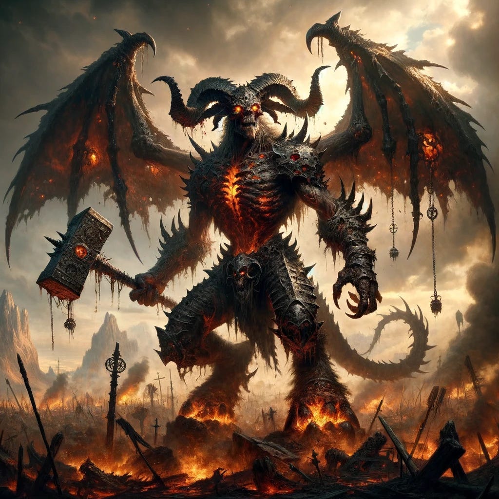 In a fantasy setting, Báleygr, translating from Old Jutlandic to "flaming-eyed", manifest as towering demons of smoke and flame. These fearsome entities, 12 feet in height, bear a striking resemblance to iron-skinned minotaurs but with fiery eyes and stunted black wings. They exude an aura of dread, reveling in the chaos of war and bloodshed. Each Báleygr is armed with formidable, giant-sized weapons crafted from dark metal; a mace is held in one hand, symbolizing their brute strength, and a whip in the other, representing their cruel dominion. The backdrop is a desolate landscape, a testament to their destructive nature, with remnants of battles past and the smoldering fires that follow their path of ruin, perfectly encapsulating the Báleygr's fierce essence in the fantasy world.