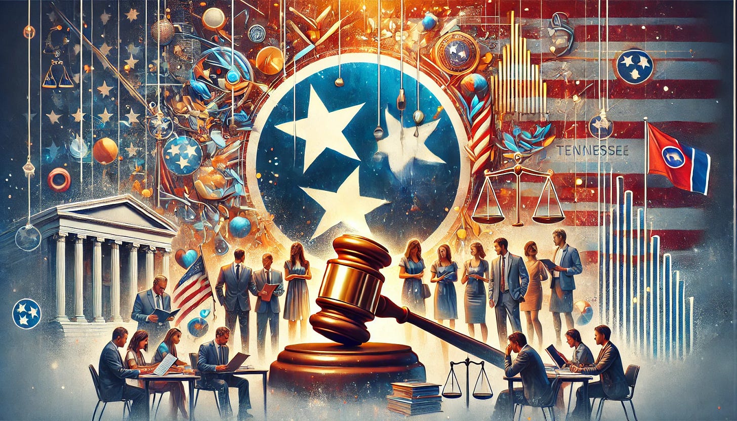 A dynamic and professional cover photo for a Substack article, featuring the theme of Tennessee's strong stance against antisemitism in public education. The image should symbolize unity and justice, with visuals of the Tennessee state flag, a Senate committee vote, and elements representing education and equality. Incorporate subtle references to the fight against discrimination, perhaps through symbolic imagery such as a gavel, books, or diverse people standing together. The tone should be hopeful and determined, reflecting the theme of positive action and bipartisan support. Ensure the Tennessee state flag and stars are crisp and clear, avoiding any blurriness.