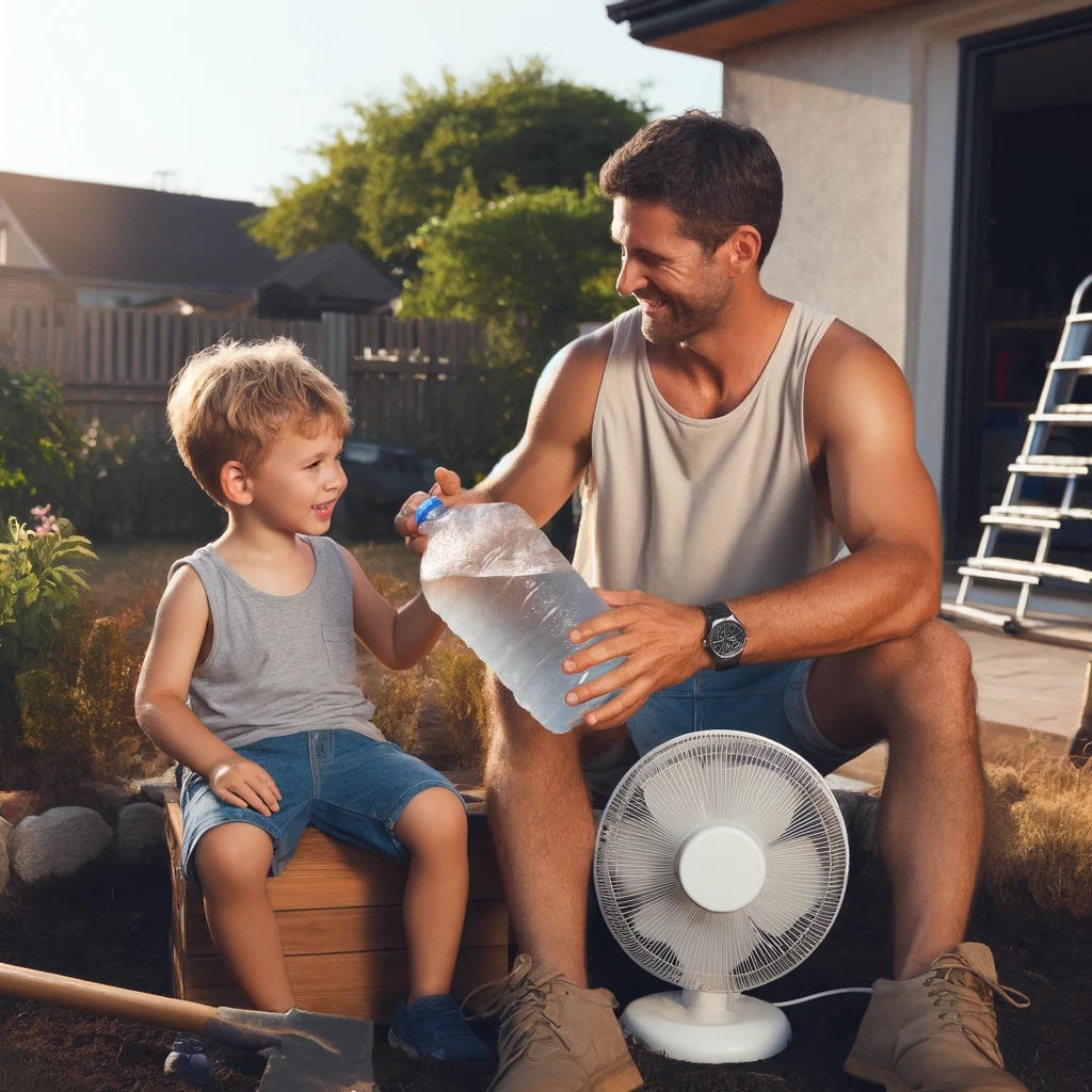 A father and his young son sitting outside in the summer heat, taking a break from yard work. They are seated in front of a small fan, and the father is handing his son a jug of ice-cold water. Both are sweaty but smiling, capturing a moment of shared appreciation and relief. In the background, there's a well-tended yard with tools scattered around, and the sun is shining brightly in the clear sky.