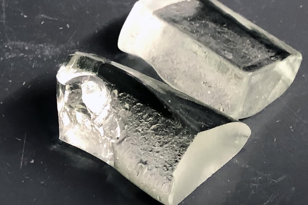 Samples of LionGlass, a new material that's at least 10 times more crack resistant than regular glass, and far more environmentally friendly to produce