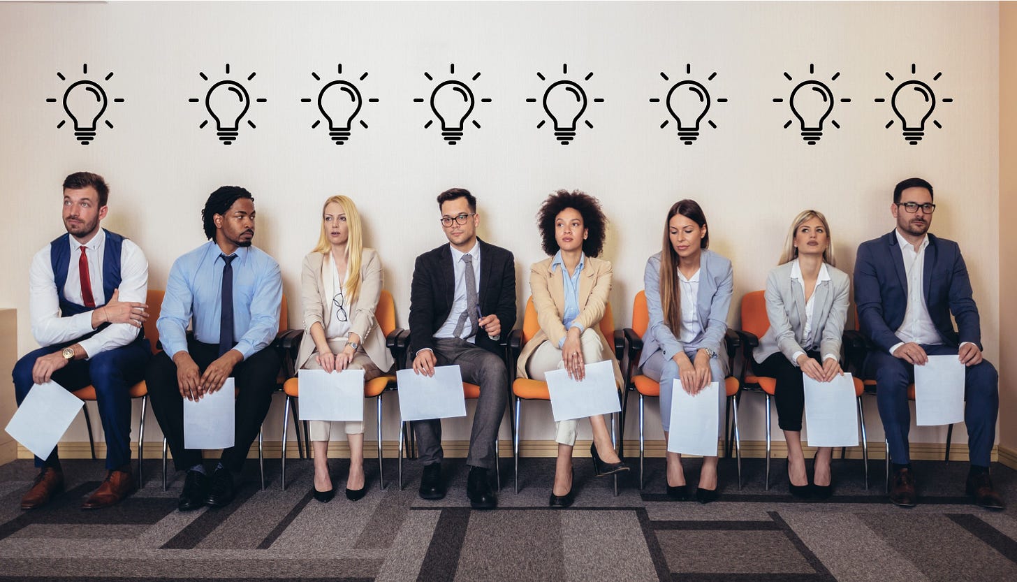 People sitting waiting for job interviews with lightbulbs above their heads