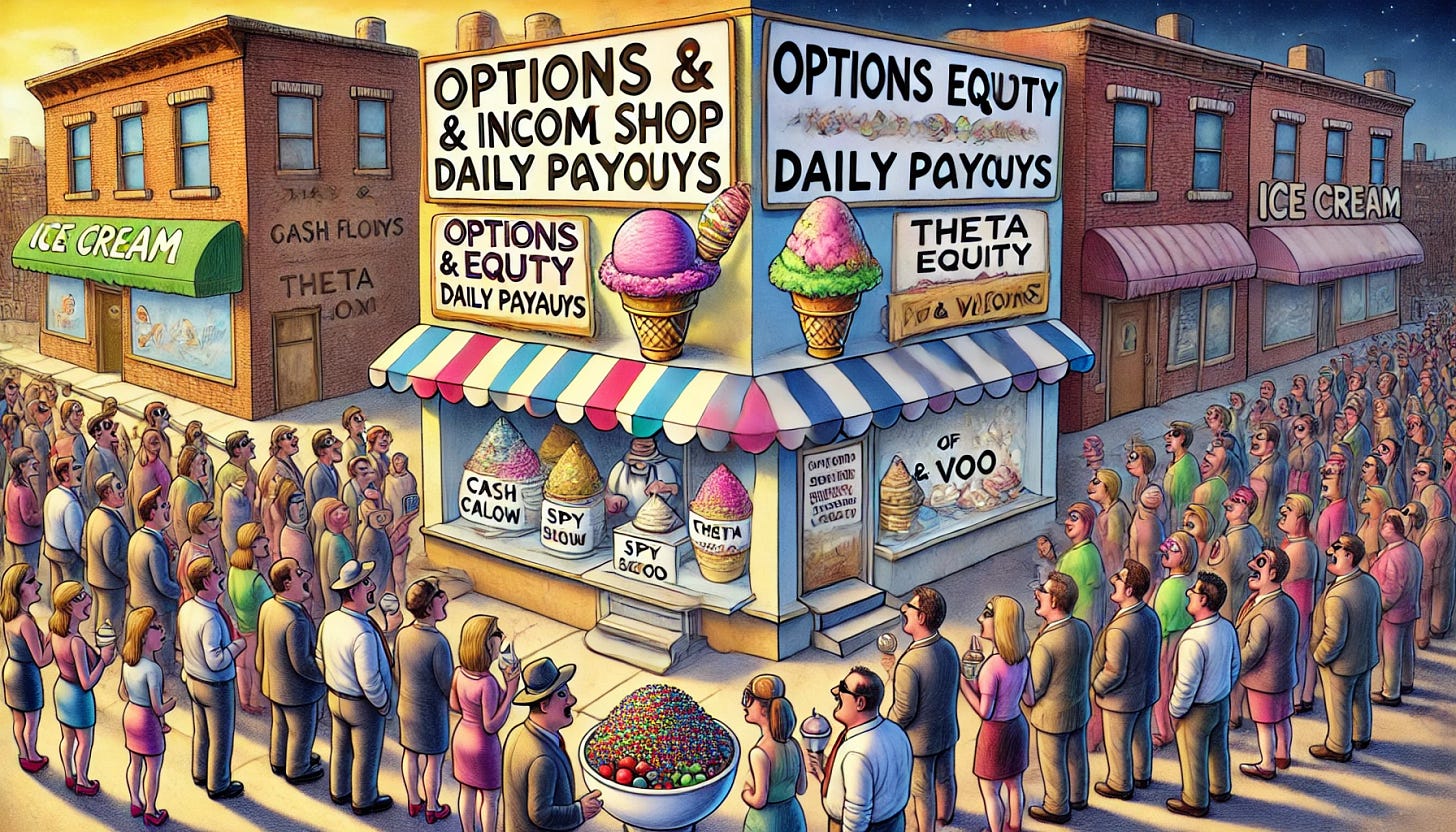 A symbolic and imaginative scene with two separate ice cream stores on opposite sides of a street. On the left, a vibrant, colorful, and exciting store with a sign reading 'Options & Income Shop – Daily Payouts' is packed with a large crowd of investors in business attire eagerly lining up and celebrating. The line stretches far back, and the shop is overflowing with energy. Bowls are filled with colorful ice cream topped with labeled sprinkles like 'Volatility', sauces labeled 'Cash Flow', and cherries labeled 'Theta Decay'. The store is decorated with flashy financial symbols, charts, and dollar signs. On the right, across the street, is a plain, dull ice cream store labeled 'Vanilla Equity – SPY & VOO' with only one or two bored customers. It serves plain vanilla ice cream and has a dusty sign that reads 'Promises of Long-Term Gains'. The contrast emphasizes the investor migration toward income-generating strategies, using a playful ice cream shop metaphor.