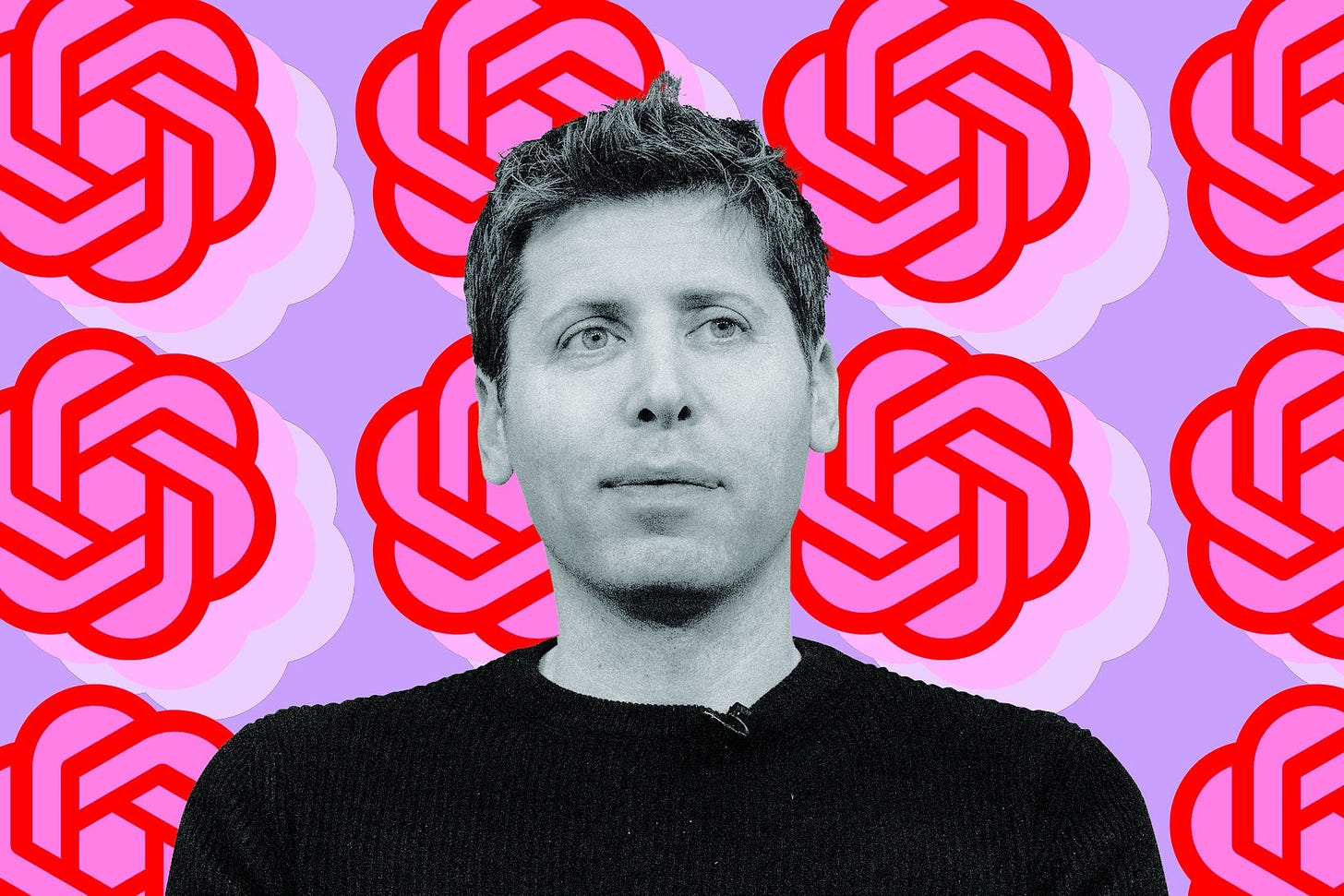 Photo collage of Sam Altman in front of the OpenAI logo.