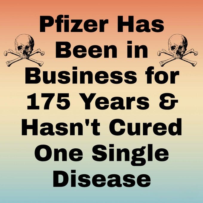 Statement on Pfizer's 175-year history and its failure to cure diseases, with skull and crossbones imagery.