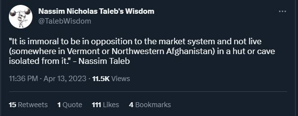 A quote reads, "It is immoral to be in opposition to the market system and not live (somewhere in Vermont or Northwestern Afghanistan) in a hut or cave isolated from it."