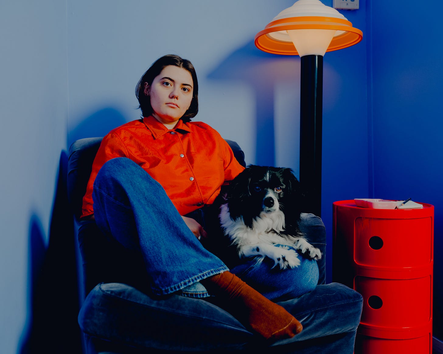 person sitting on velvet chair with dog on lap