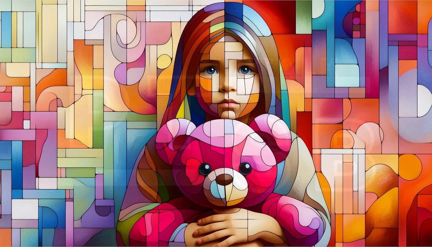 Abstract portrait of a little girl holding a cubist-style teddy bear in magenta, orange, and light brown. The girl is made of fragmented shapes in bright pastel colors, creating a modern, artistic look.