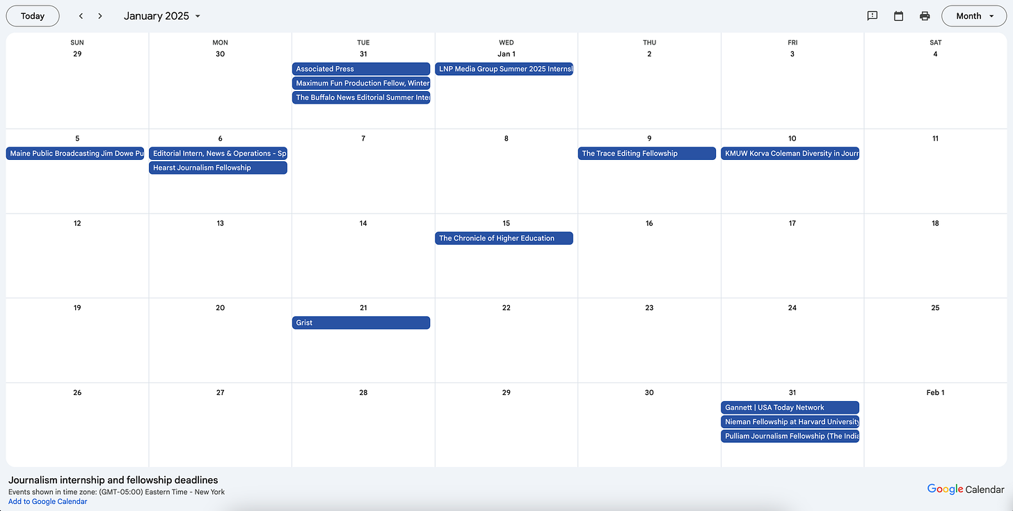 A screenshot of a journalism and fellowship calendar shows deadlines for Associated Press, Hearst, The Trace, Grist, Gannett, Nieman and more. 