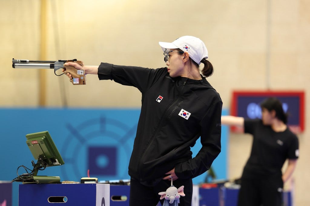 Kim Yeji of shoots during the Women’s 10m Air Pistol Final on day two of the Olympic Games Paris 2024 at Chateauroux Shooting Centre on July 28, 2024 in Chateauroux, France.