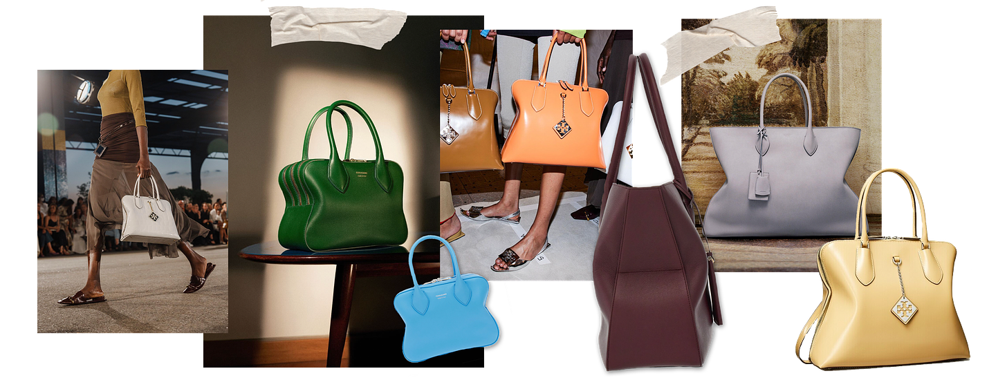 Images of the Tory Burch Swing Satchel and tote bags by Ferragamo.