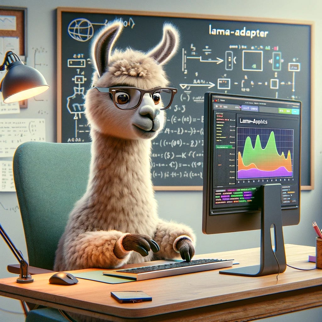 A humorous and whimsical image of a cartoon llama sitting at a computer desk, fine tuning an artificial intelligence model. The llama is wearing glasses and looks focused, with one hoof on a mouse and the other typing on a keyboard. The computer screen shows a colorful interface with graphs and code, and prominently displays the words "Llama-Adapter." The setting is a cozy office environment with tech gadgets and a whiteboard filled with mathematical equations and diagrams.