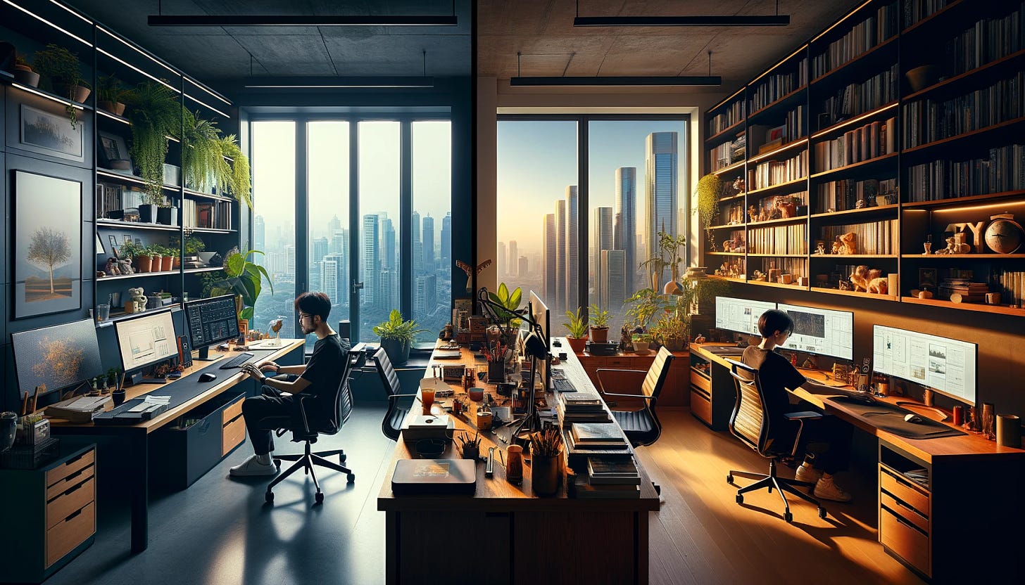 A photograph capturing two distinct office environments, each with an individual deeply focused on working at their computer. The first office is modern and sleek, with large panoramic windows offering a breathtaking city view, the desk is tidy, featuring a high-tech computer setup, surrounded by minimalist furniture and vibrant indoor plants, creating an atmosphere of sophistication and innovation. The second office contrasts with a cozy, traditional vibe, adorned with wooden furniture, bookshelves brimming with books, a classic desktop computer, and personal memorabilia, offering a warm, inviting atmosphere. The lighting in both scenes is carefully balanced to highlight the concentration of the workers and the details of their respective spaces. Taken on: digital SLR, aiming to capture the unique character and mood of each office. Settings: medium aperture for depth of field, balanced ISO for natural light capture, subtle contrast adjustments.
