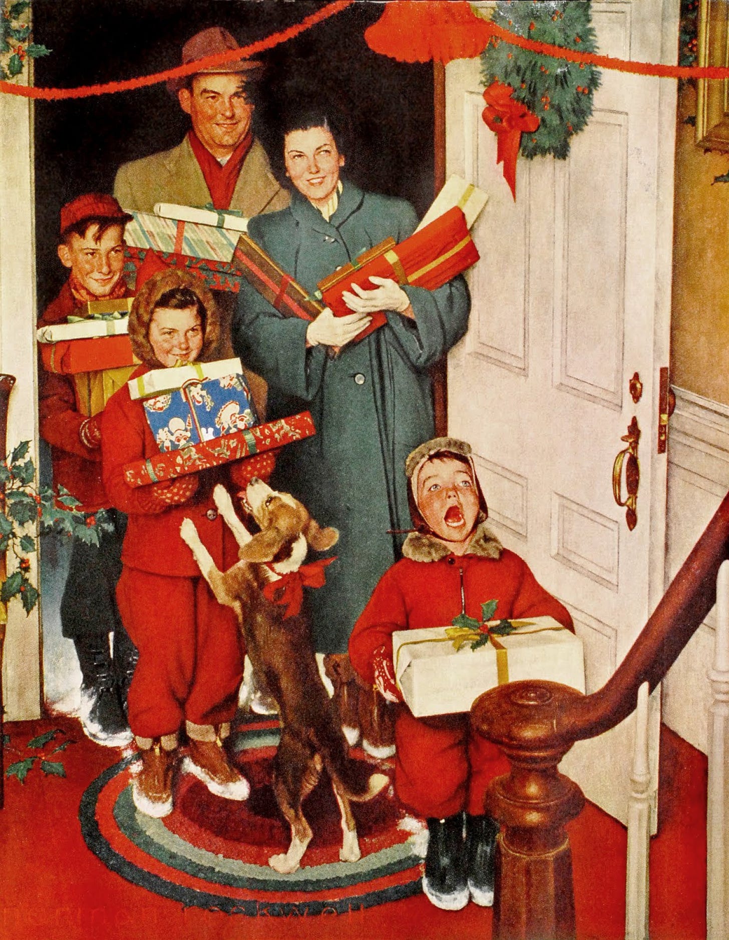 A happy family arrives for Christmas bearing presents.