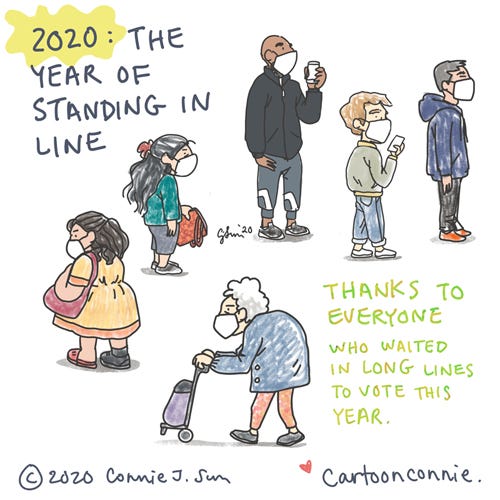 Sketchbook: The Year of Standing in Line sketchbook illustrations of new yorkers standing in line, drawings by connie sun, cartoonconnie
