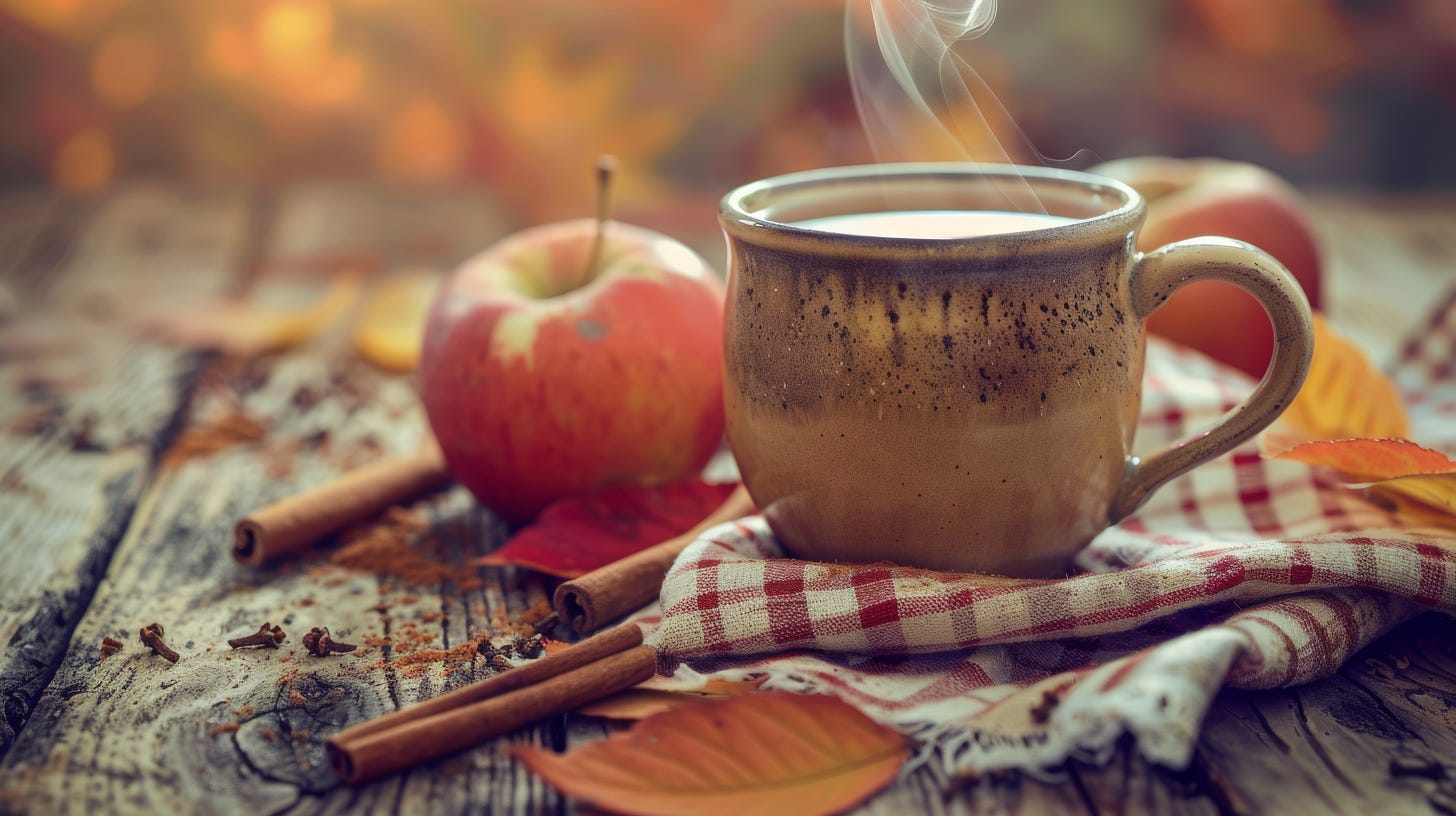 A rustic wooden table with a steaming cup of cider, cinnamon sticks, an apple and autumn leaves.