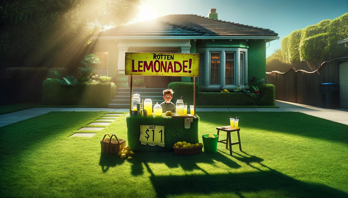 “If Life Hands You Rotten Lemons…,” Dall-E 3 image from author’s prompt. A young boy sitting at a lemonade stand with a sign overhead reading “Rotten Lemonade! Just $1”. The photo is satirical. The stand is on a suburban lawn, bright sunny day, dynamic symmetry, cinematic lighting.
