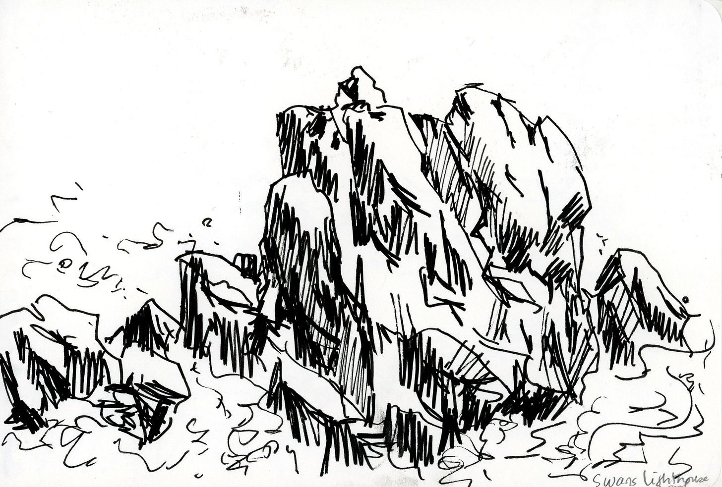 Sketch by K. Woodman-Maynard of ocean rocks on Swan's Island, Maine