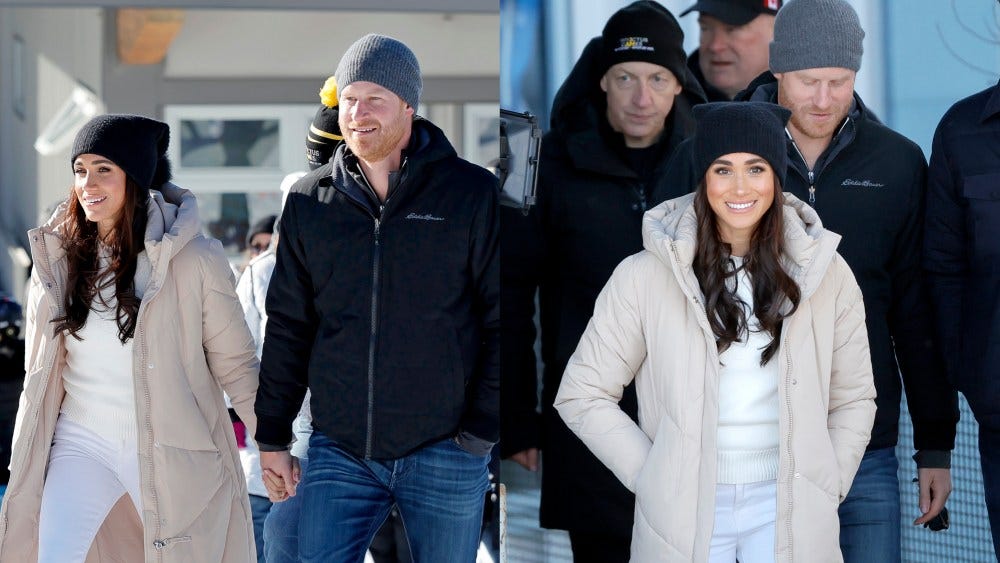 Meghan Markle wears calvin klein quilted maxi puffer jacket in vancouver and Prince Harry at the Invictus Games Vancouver Whistler 2025's One Year to Go event.