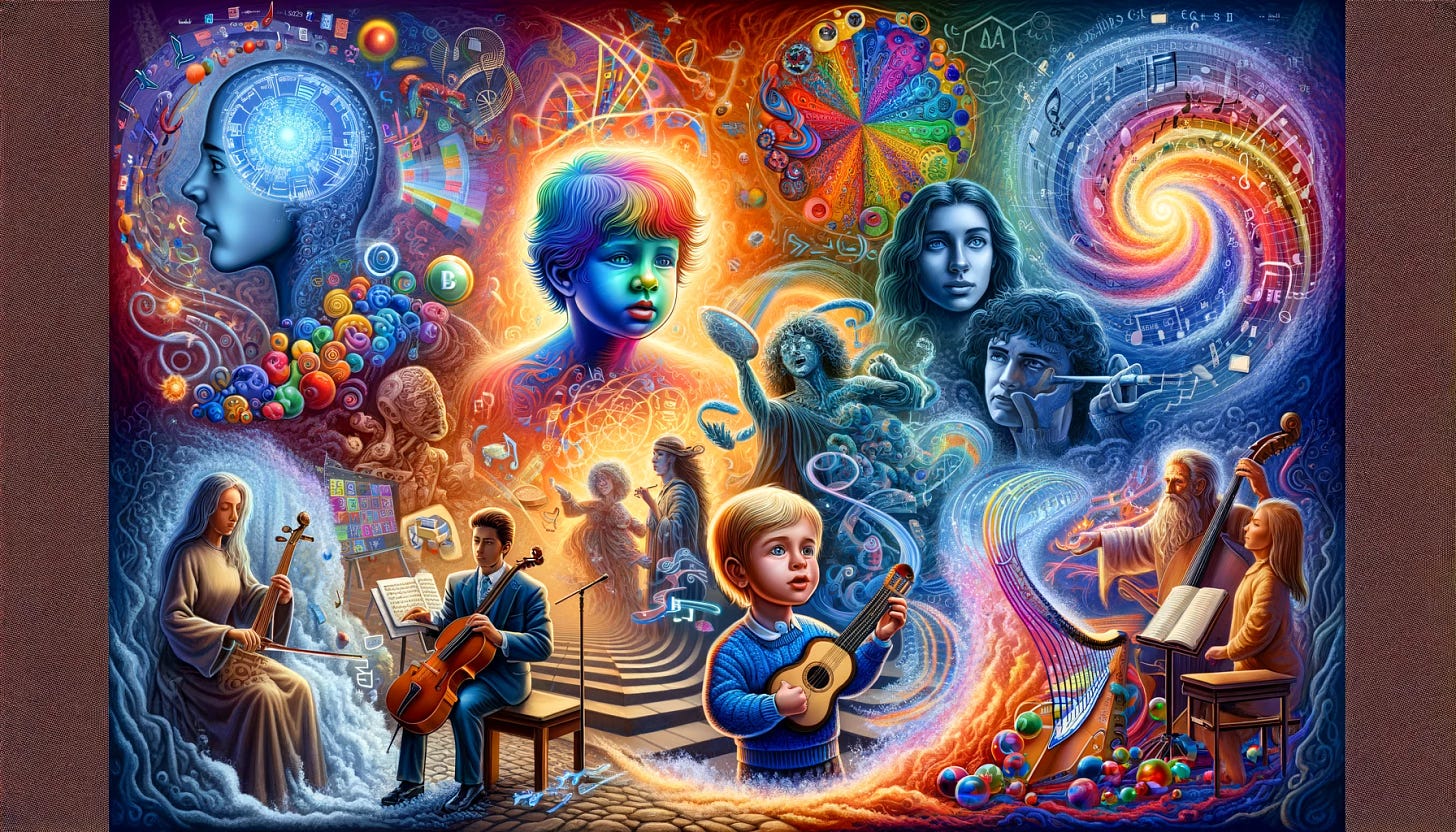 Create a composite image capturing the diverse aspects of synesthesia and its impact on human perception. The scene includes a child representing the mysterious origins of synesthesia, a maestro surrounded by vivid colors of music, a mathematician visualizing colorful equations, and an image of Joan of Arc with divine voices as visual associations. Each figure is in a section that reflects their unique synesthetic experience. In the background, intertwine elements of genetic mutations and technology, symbolizing the evolution of human perception and the role of technology in extending our sensory experiences. This scene should depict how synesthesia illustrates the limitations and potentials of our perceptions and how it might influence the future integration of biological and technological advancements.