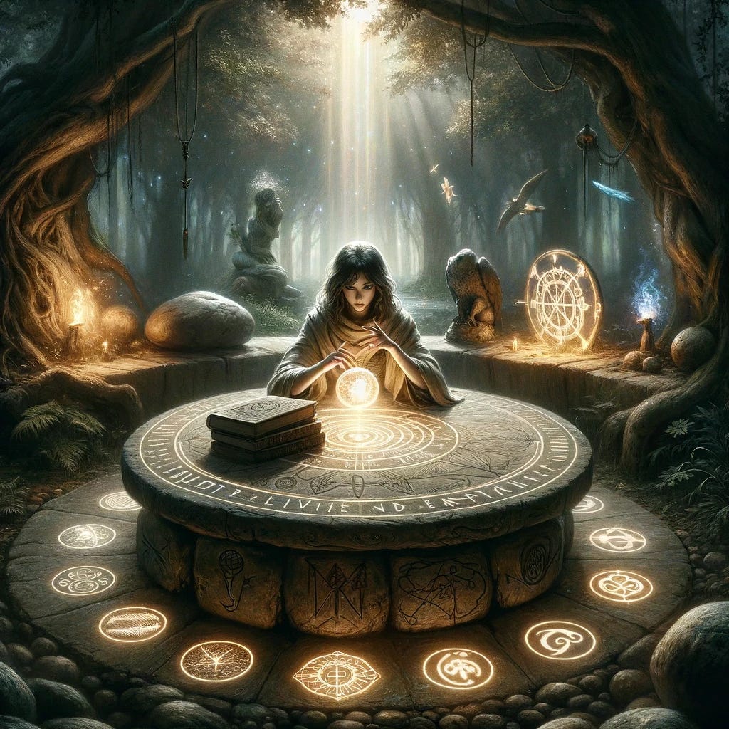 Envision The Wounded Dreamer seated at an ancient, rune-inscribed stone table deep within a secluded part of Mirrormere's forest. This table serves as her decision-making space, where she contemplates the paths laid out before her. Arrayed on the table are various symbolic objects: a glowing orb representing her intuition (Introverted Feeling), a mirror reflecting multiple possibilities (Extraverted Intuition), an aged book symbolizing past experiences and learned wisdom (Introverted Sensing), and a compass pointing towards logical outcomes (Extraverted Thinking). The Wounded Dreamer is depicted in a moment of deep thought, her fingers lightly touching the glowing orb, indicating her primary reliance on personal values and feelings in decision-making. Above her, the canopy parts slightly, allowing beams of light to illuminate the scene, signifying moments of clarity amidst the complex process of decision-making. Around her, the forest is alive with ethereal creatures, representing the unseen forces and intuitive insights that guide her. This scene captures her introspective nature and the balance she seeks between heart and mind in navigating her choices.