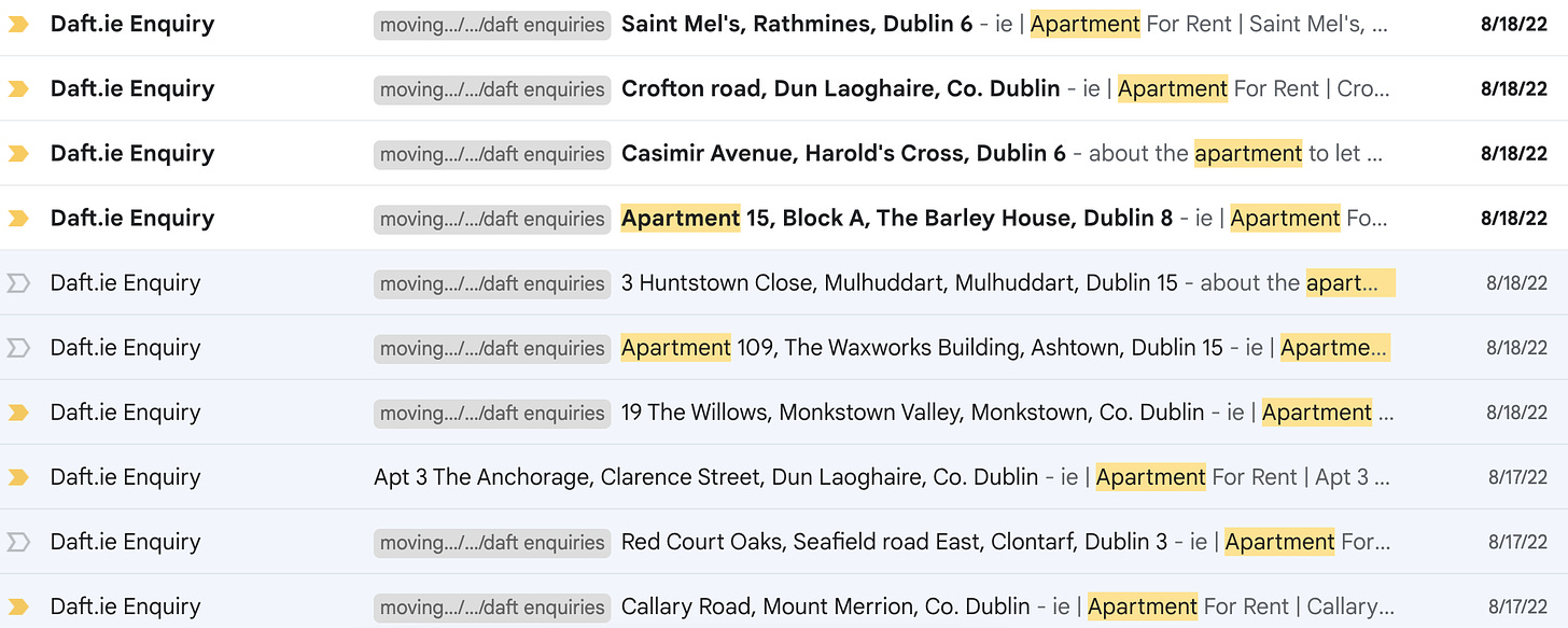a screenshot of emails sent to enquire about places to rent. there are ten in this screenshot.