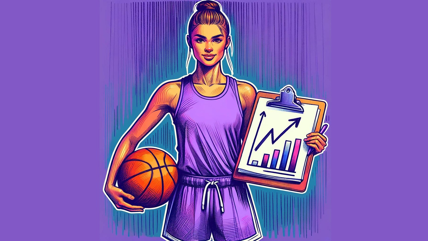 drawing of a female basketball player holding up a chart of women's sports growth 