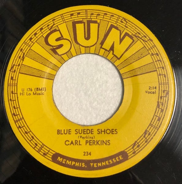 45 rpm single of Blue Suede Shoes by Carl Perkins on Sun Records