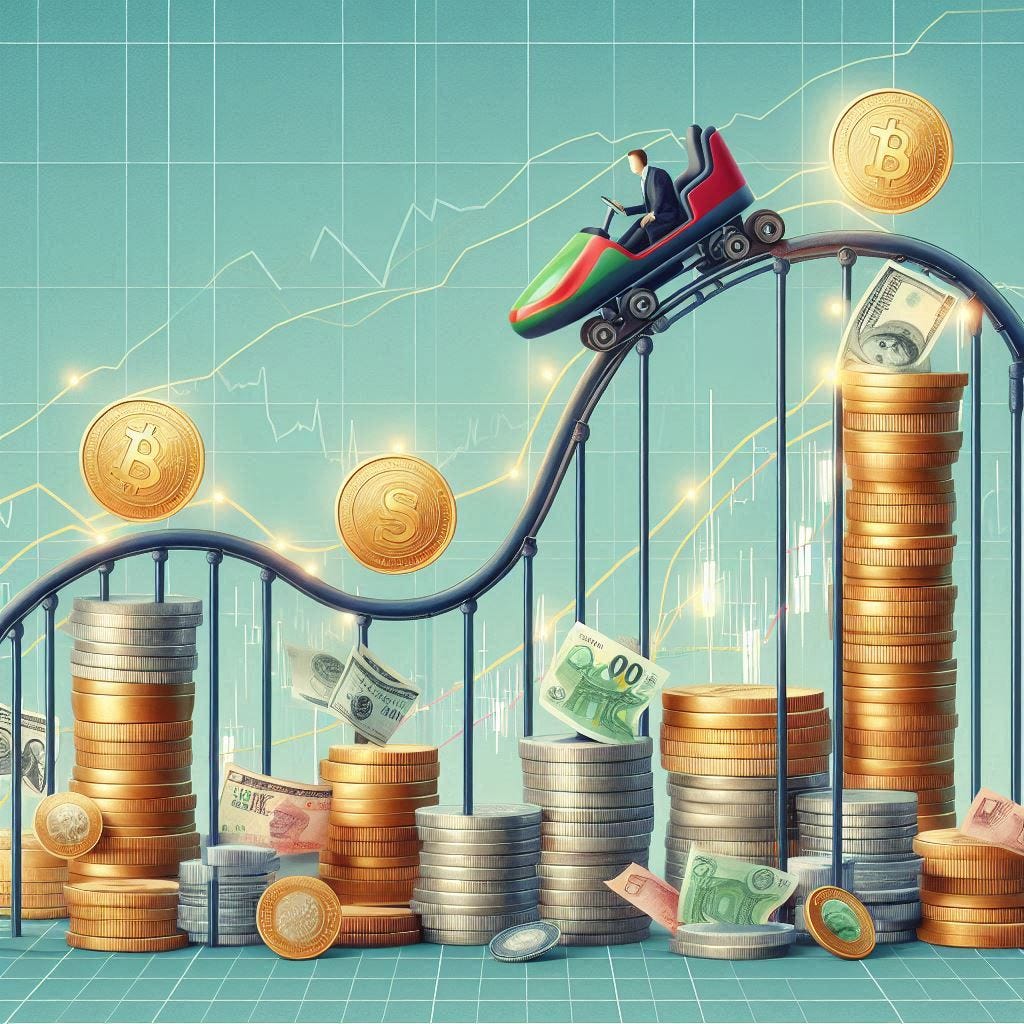 Una montaña rusa con elementos financieros, como monedas, billetes y gráficos de mercado, representando altibajos económicos.