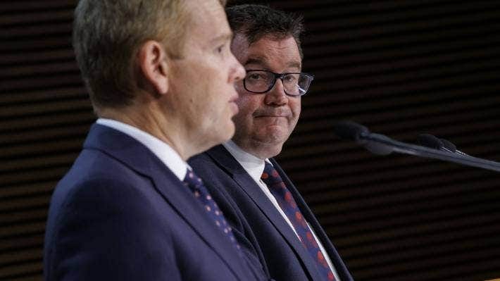 Prime Minister Chris Hipkins and newly appointed Cyclone Recovery Minister Grant Robertson at the post Cabinet press conference.