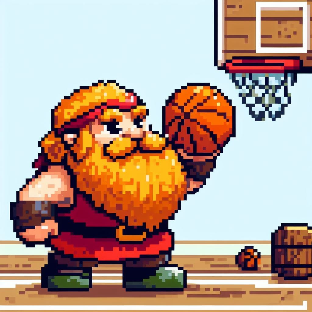 A dwarf playing basketball, pixel art style