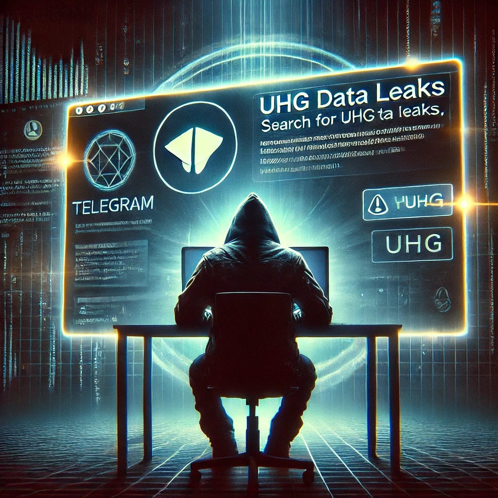 A dramatic, high-quality illustration showing a shadowy hacker figure sitting at a glowing computer screen. The screen displays a Telegram interface with a search for UHG data leaks. The background features a dark, chaotic digital grid with glowing warning symbols, emphasizing the sinister nature of cybercrime.