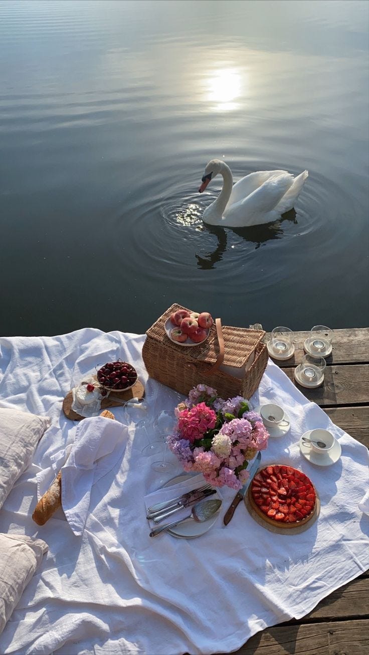 This may contain: a swan is swimming in the water next to food and drinks on a picnic blanket