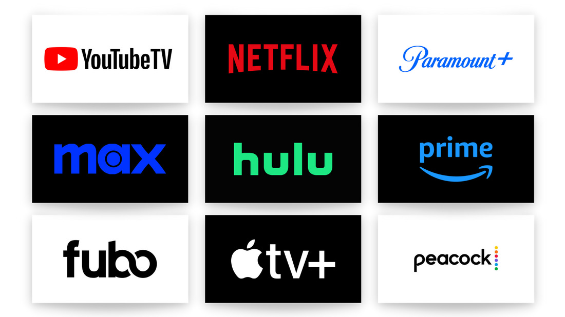A grid of nine different streaming video services including: YouTube TV, Netflix, Paramount +, Max, Hulu, Fubo, Apple TV and Peacock.