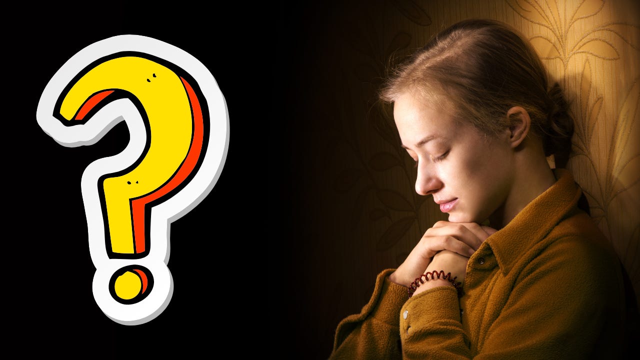 A woman wearing a yellow shirt praying next to a bright yellow question mark.