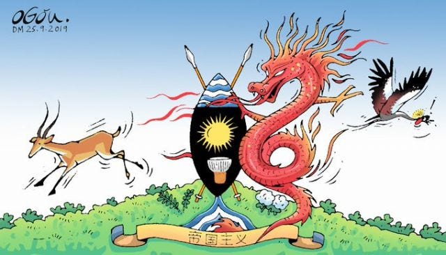 A cartoon showing a Chinese dragon scaring the crane and impala away from the Ugandan national crest
