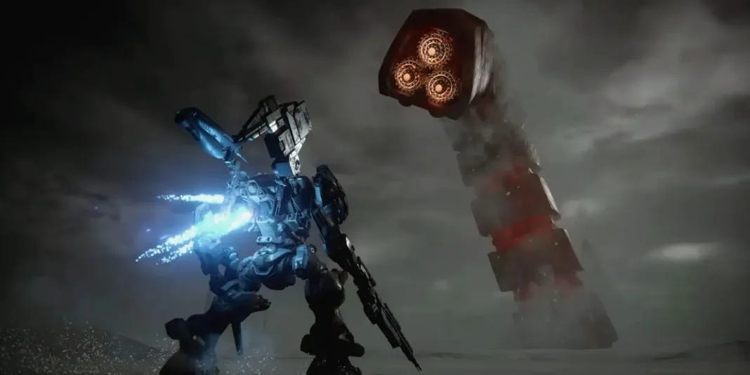 A screenshot from the upcoming game Armored Core VI: Fires of Rubicon, showing a human-shaped mech facing off against one that looks like a giant sandworm