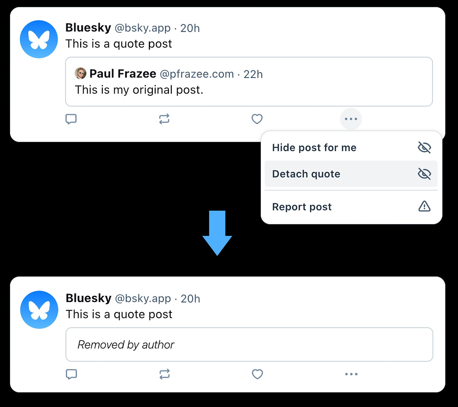 ALT TEXT: A screenshot of a post on Bluesky showing how to detach a quote.